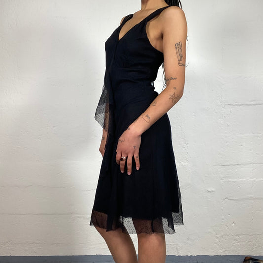 Vintage 2000's Saturday Dinner Black Layered Midi Dress with Ruffled Chiffon Detail (M)