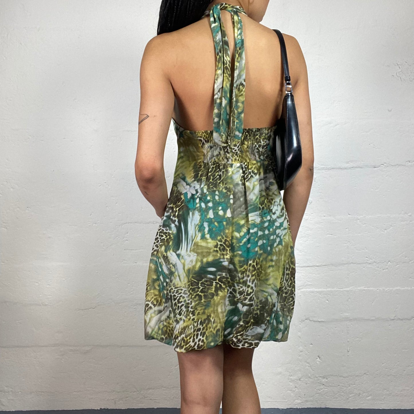 Vintage 2000's Fairy Girl Green Abstract Leo Print Mini Chiffon Neckholder Dress (S)
