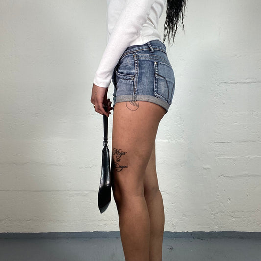 Vintage 2000's Cowgirl Light Blue Micro Low Waisted Shirt with Back Star Detail (M)