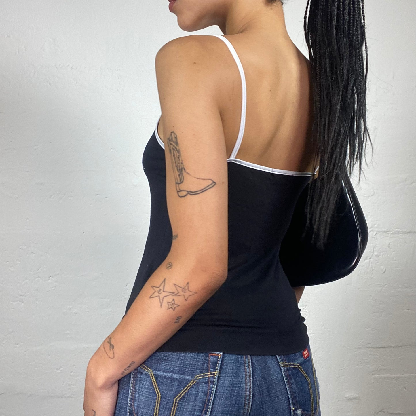 Vintage 2000's Skater Girl Navy Blue Cami Top with Silvery White Abstract Print and White Trim (M/L)