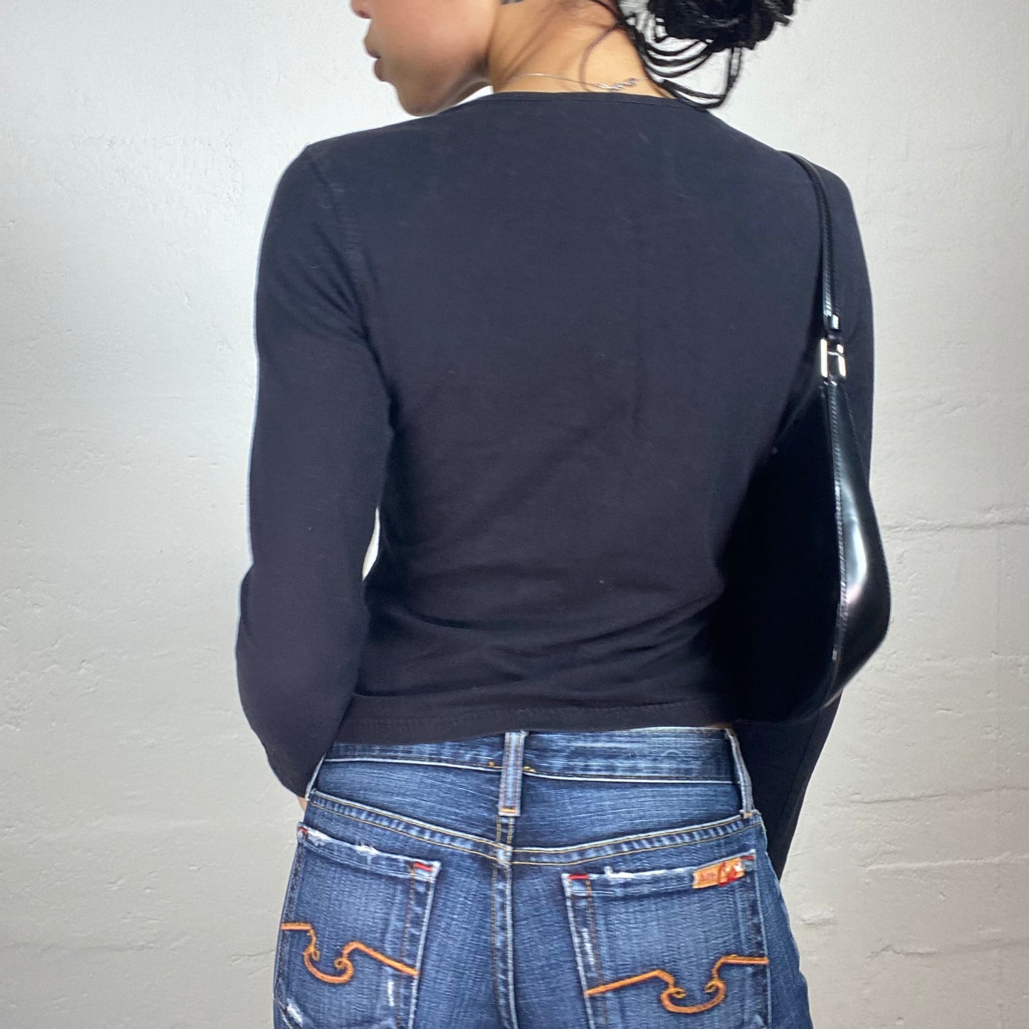 Vintage 2000's Downtown Girl Midnight Black Longsleeve Top with Asymmetric Silky Stripes Embroidery (L)