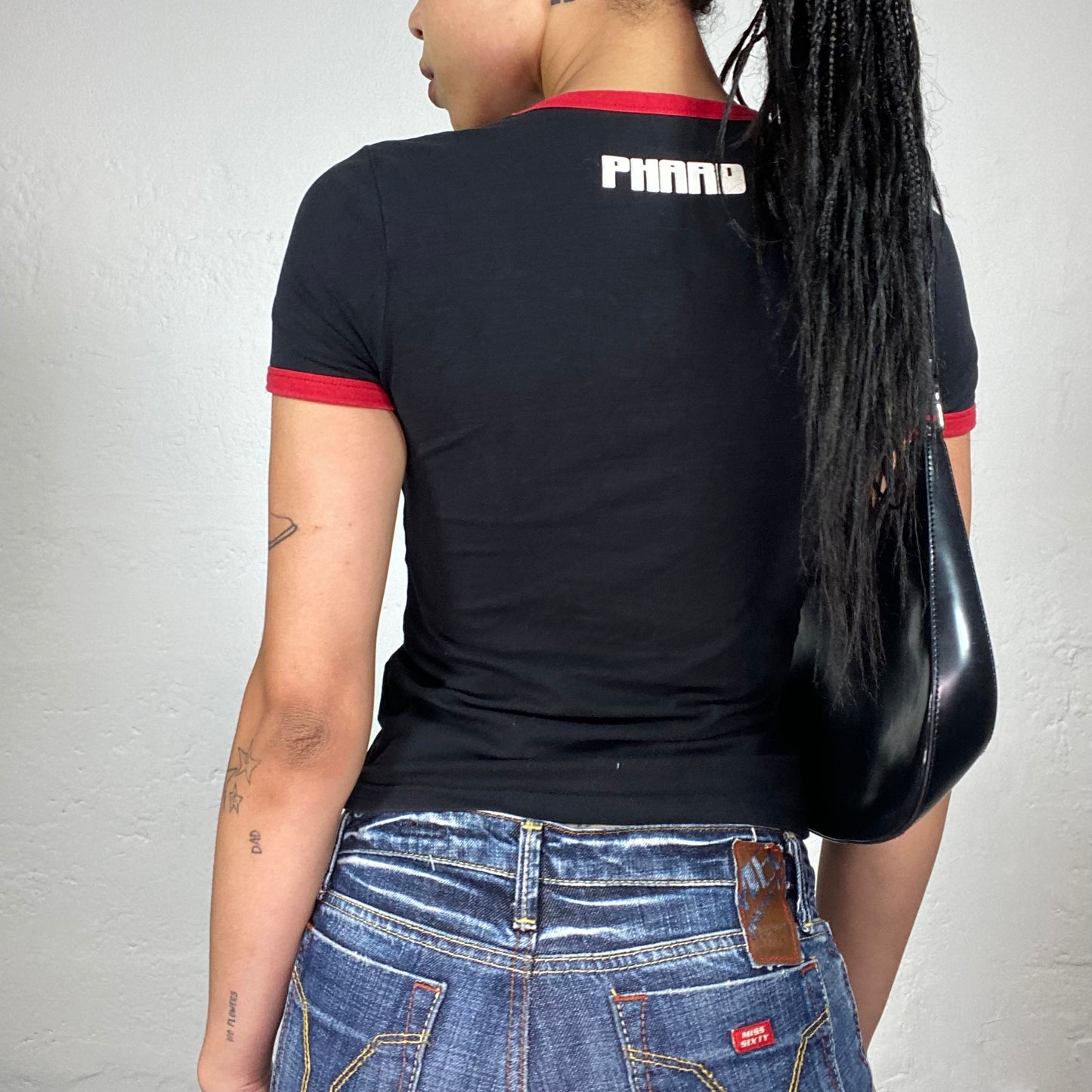 Vintage 2000's Phard Downtown Girl Black Baby Tee with Go Baby Print Rhinestone Star Embroidery and Red Trim Details (S)
