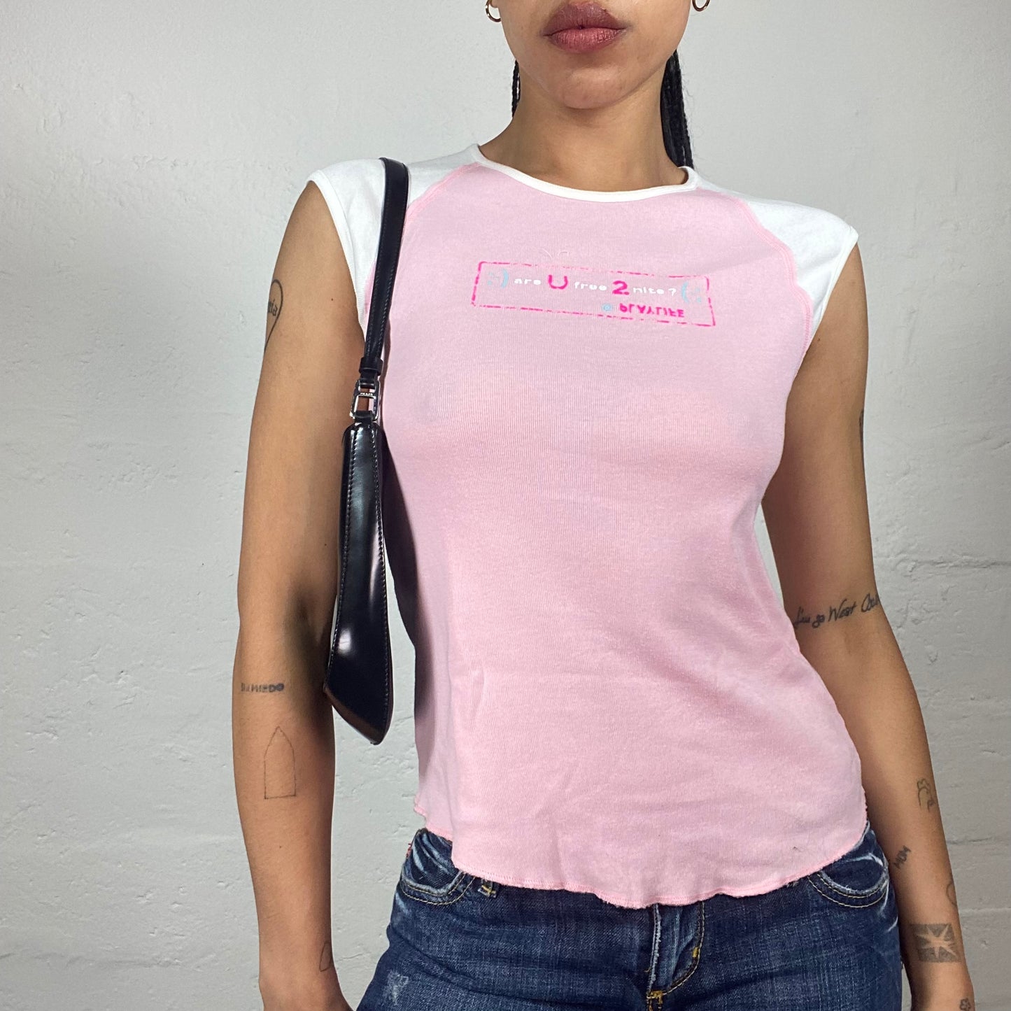 Vintage 2000's Soft Girl Baby Pink Jersey Tee with White Patches and Mini Typo Print (S)