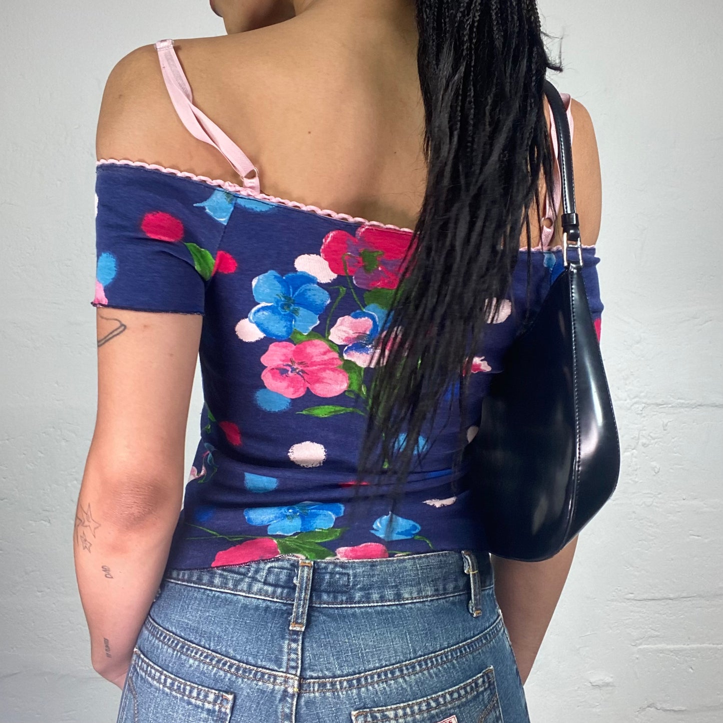 Vintage 2000's Cute Blue Off Shoulder Top with Pink Toned Colourful Print (S)