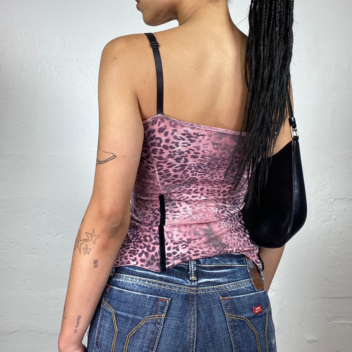 Vintage 2000's Glamorous Pink Leo Print Cami Top with Grey Accents and Sequin Decorations (M)