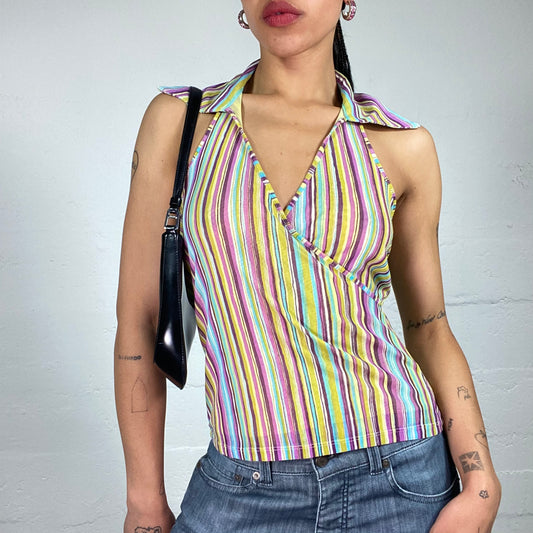 Vintage 2000's Funky Multicolour Stripes Printed Wrap Up Effect Collared Neckholder Top (M)
