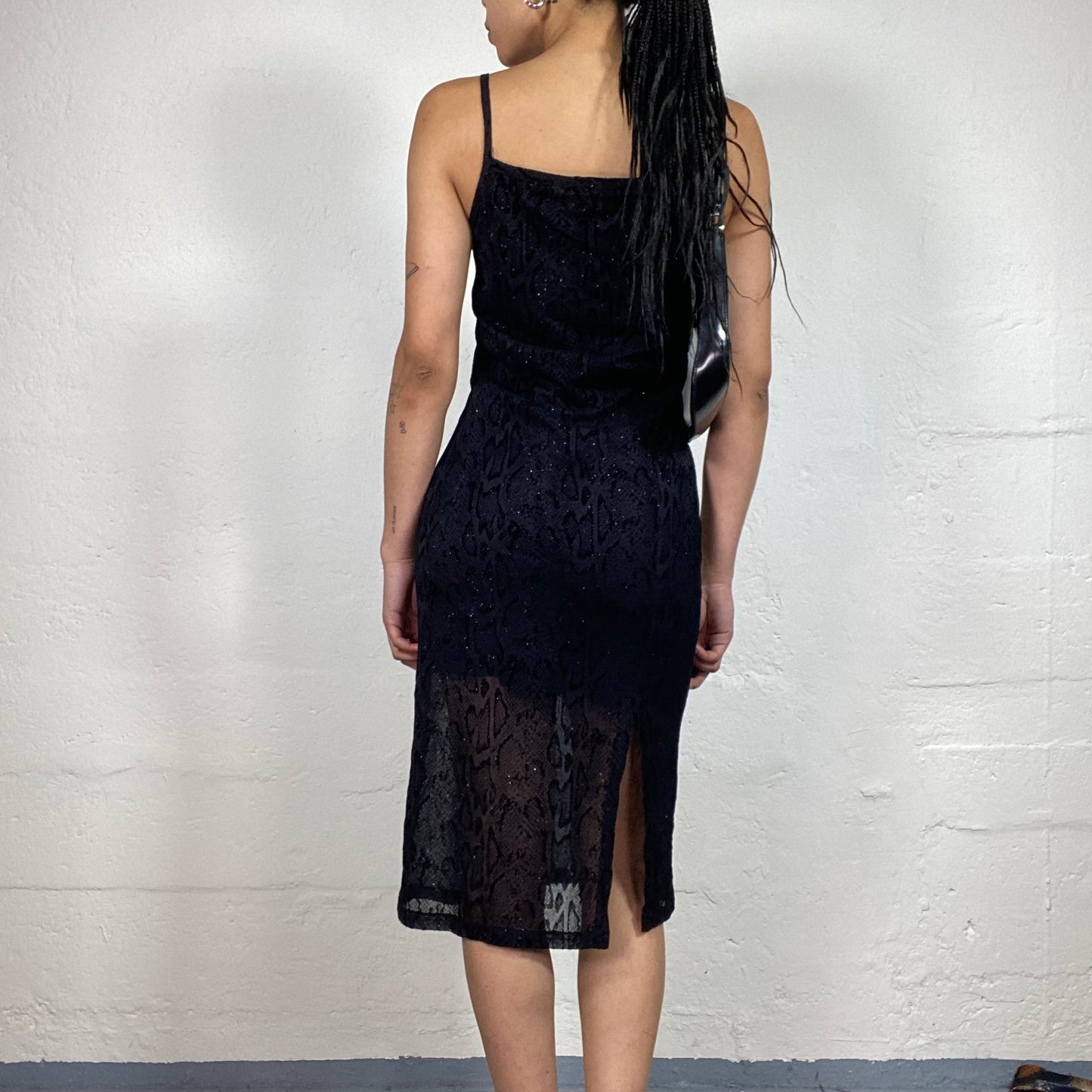 Vintage 2000's Night Out Black Camisole Midi Dress with Snake Skin Shiny Print (M)
