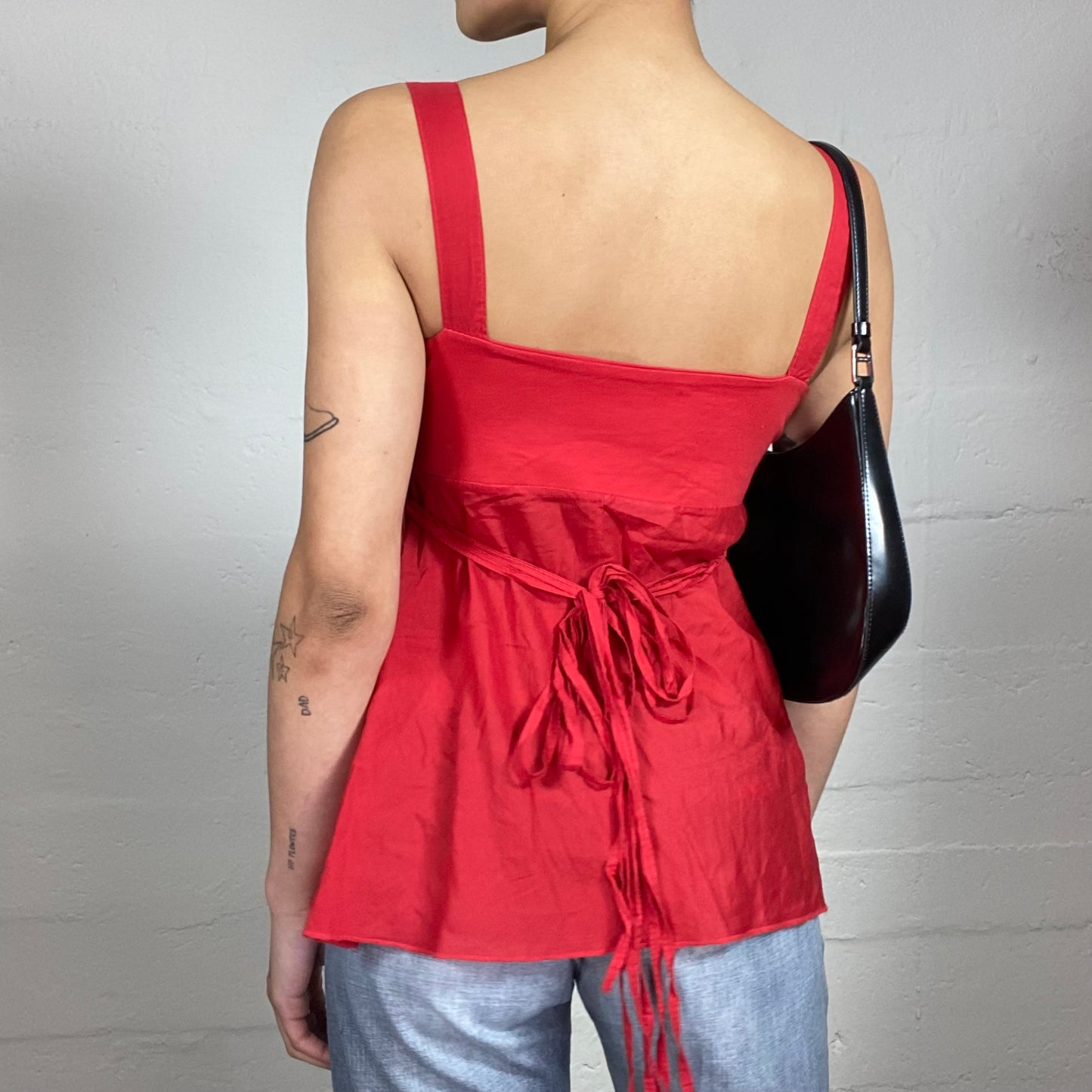 Vintage 2000's Summer Chic Red Shiffon Top with Gold Underbra Detail and Back Binding (M)