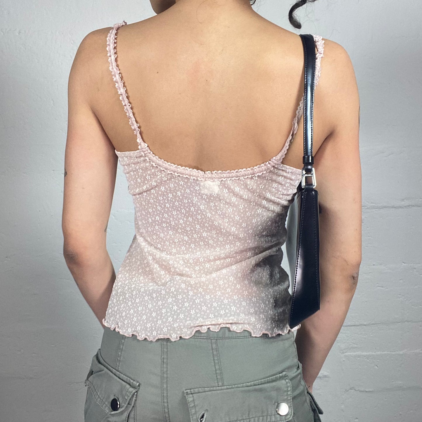 Vintage 2000's Soft Girl Powder Pink Mesh Cami Top with Lace Style Print (M)