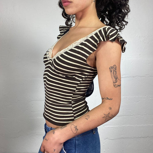 Vintage 2000's Coquette Brown and Creaky Striped Micro Draped Sleeves Cropped Top with Lace Decoration (M)