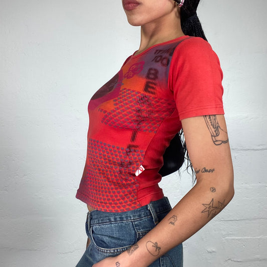 Vintage 2000's Summer Downtown Girl Red Baby Tee with Funky Abstract Print (XL)