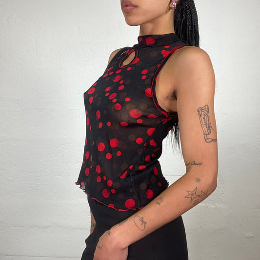 Vintage 2000’s Romantic Black Chiffon Turtleneck Sleeveless Top with Red Polka Dot Print (M)