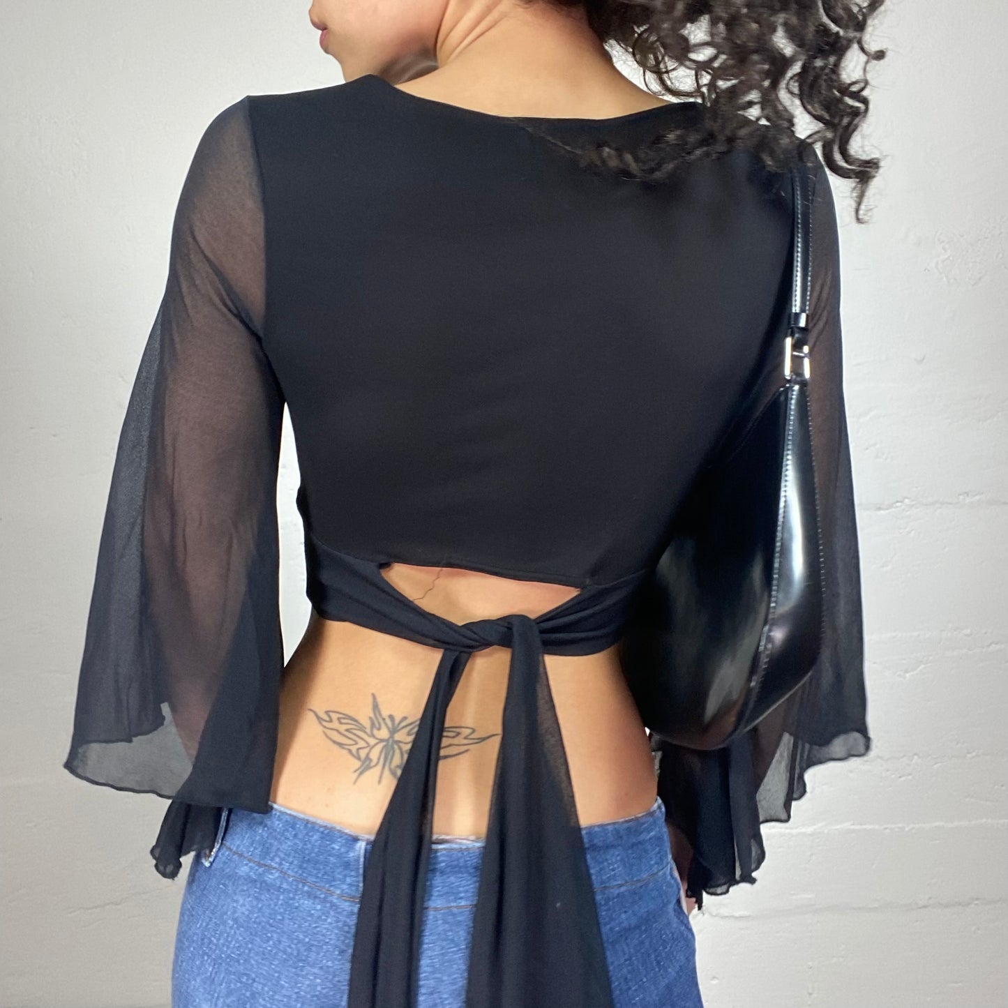 Vintage 2000's Black Cropped Chiffon V-Chest Cut Top with 2/4 Flared Sleeves and Back Ribbon Detail (S)