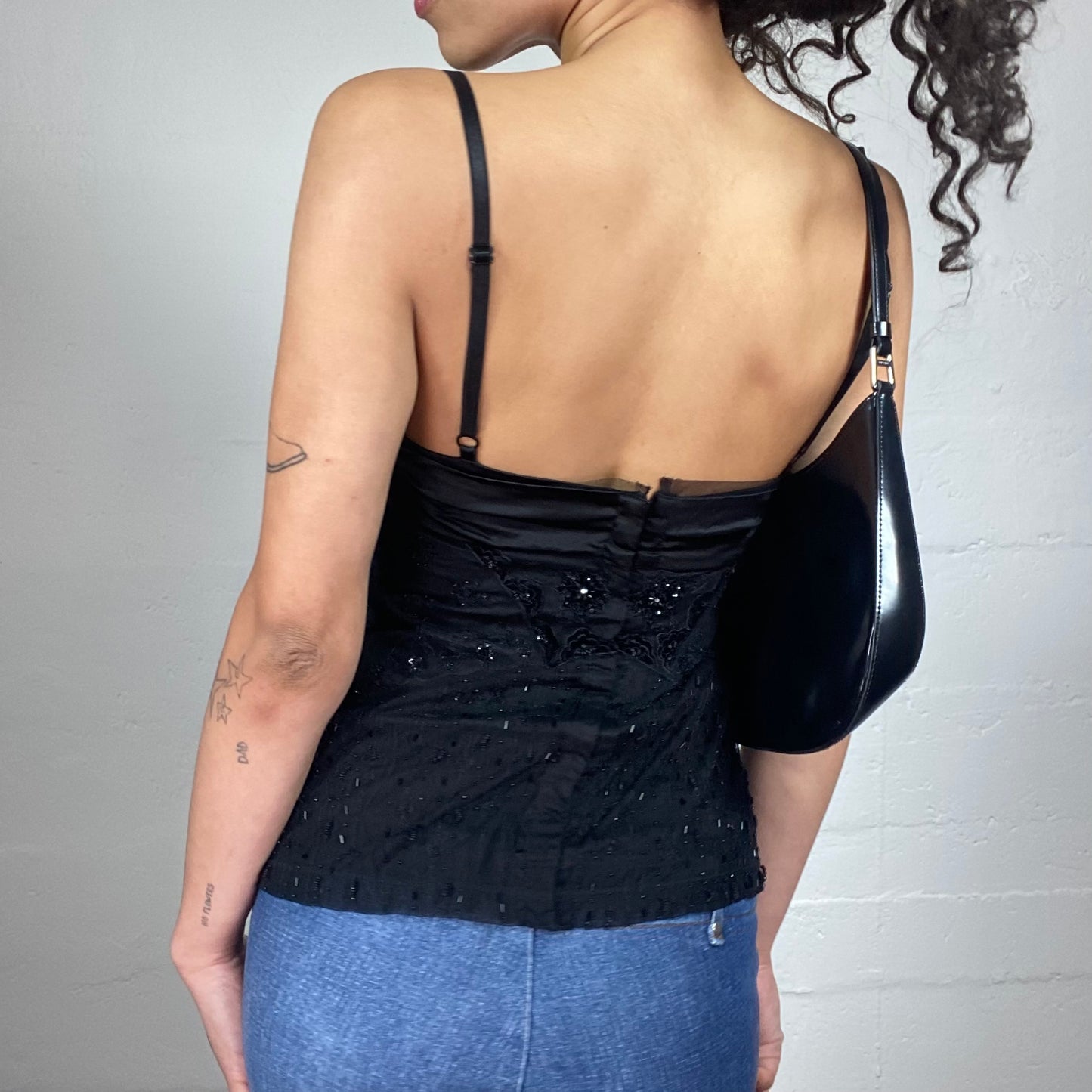 Vintage 2000's Pinko Night Out Black Classy Sequins Decorated Cami Top with Silky Bra Ribbon Detail (M)