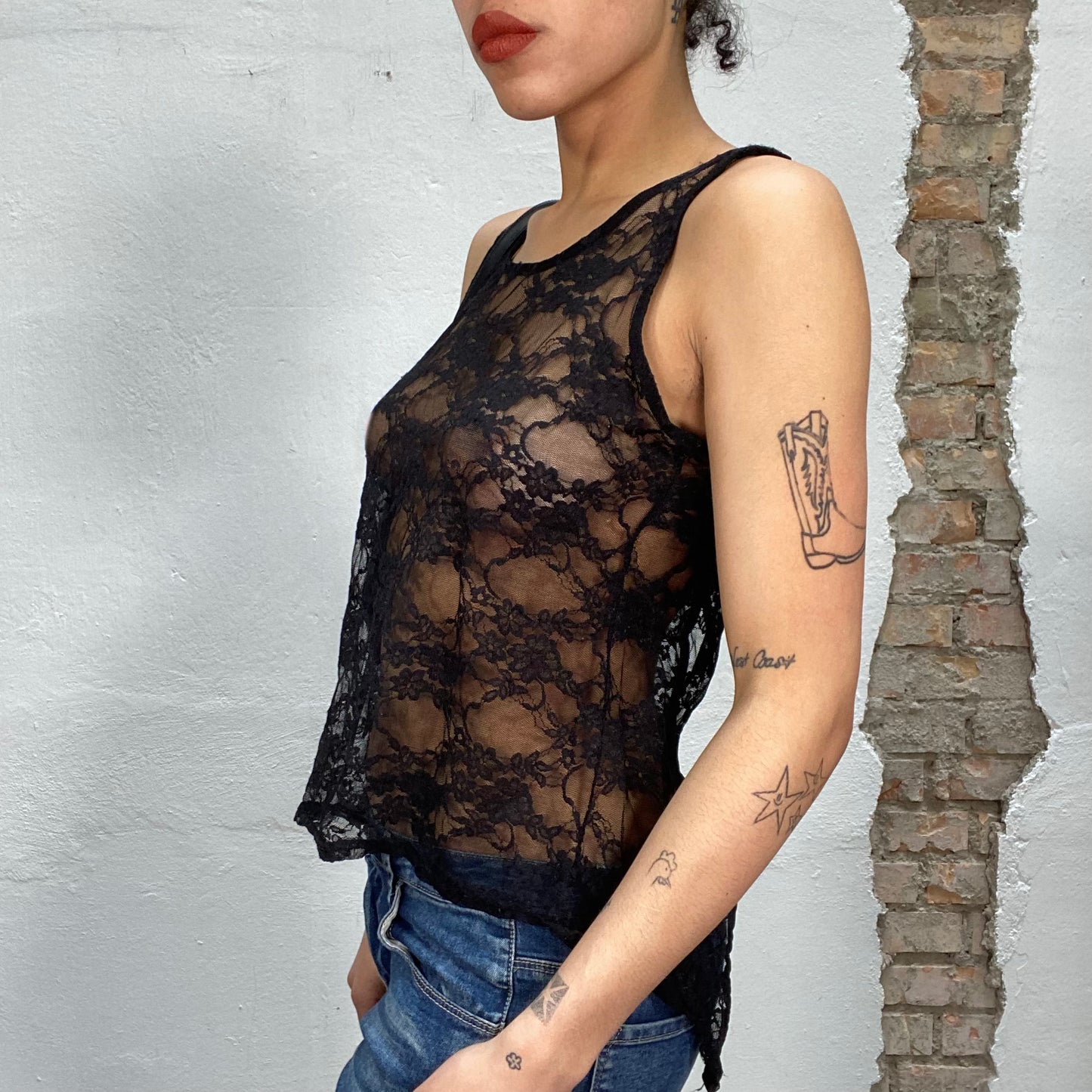 Vintage 2000's Lingerie Black Lace Tank Top (M)