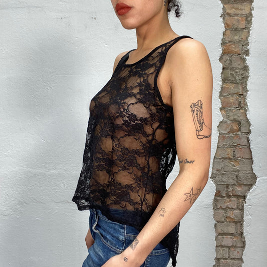 Vintage 2000's Lingerie Black Lace Tank Top (M)