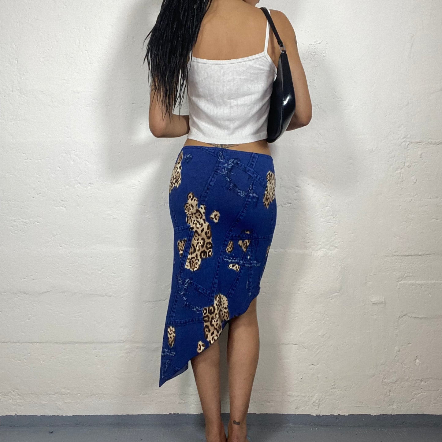 Vintage 2000’s Romantic Deep Blue Denim Effect and Cheetah Patches Print Asymmetric Skirt (S)