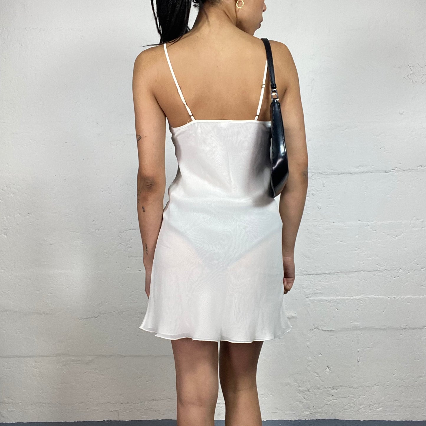 Vintage 2000's Soft Girl Summer White Chiffon Lingerie Style Cami Dress with Black Lace Detail (S)
