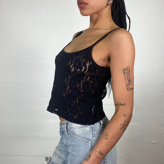 Vintage 2000’s Friday Night Out Black Classy Cropped Lace Material Cami Top (S)