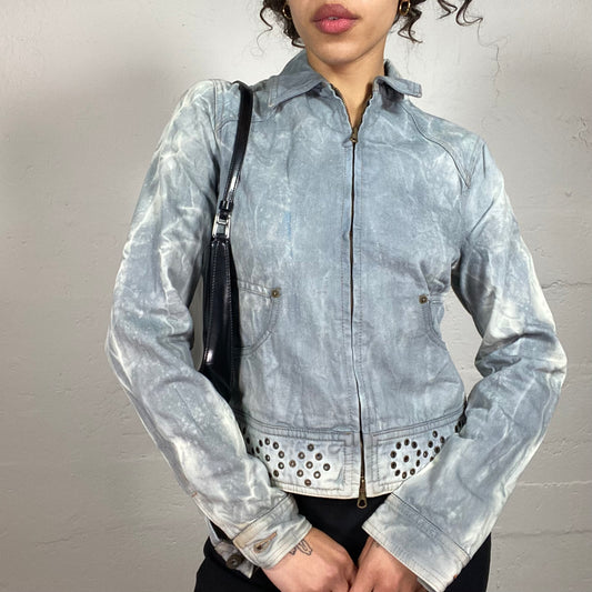 Vintage 2000's Streetstyle Light Blue and White Tie Dye Zip Up Jacket with Eyelet Details (M)