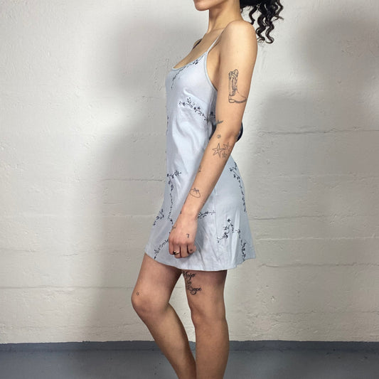 Vintage 2000's Soft Girl Light Grey Summer Cami Mini Dress with Floral Print (S)