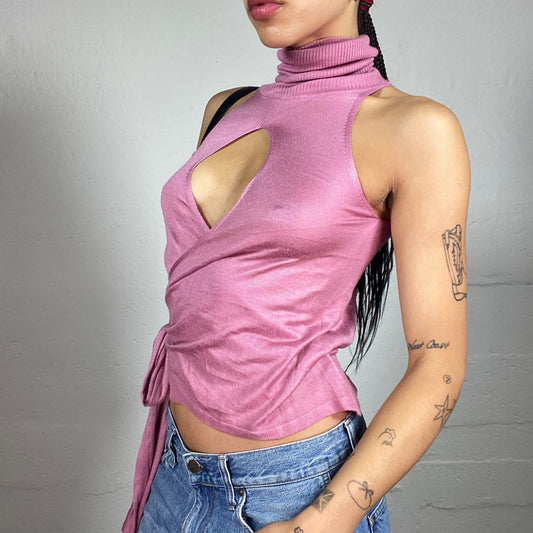 Vintage 2000's Romantic Pink Turtleneck Sleeveless Sheer Knit Wrapped Top with Side Binding (M)