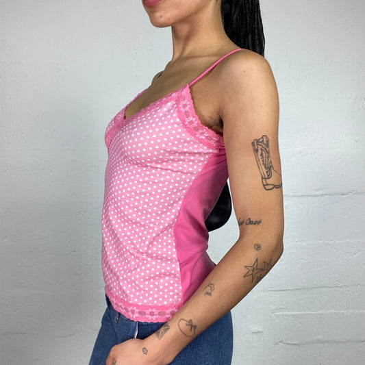 Vintage 2000's Soft Girl Pink Polka Dot Printed Wrapped Bra Cami Top with Lace Decoration (M)