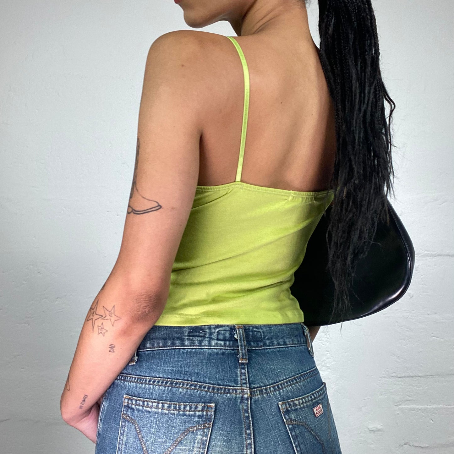 Vintage 2000's Romantic Summer Lime Green Cami Top with Sequin Embroidery and Ruffled Trim (S)