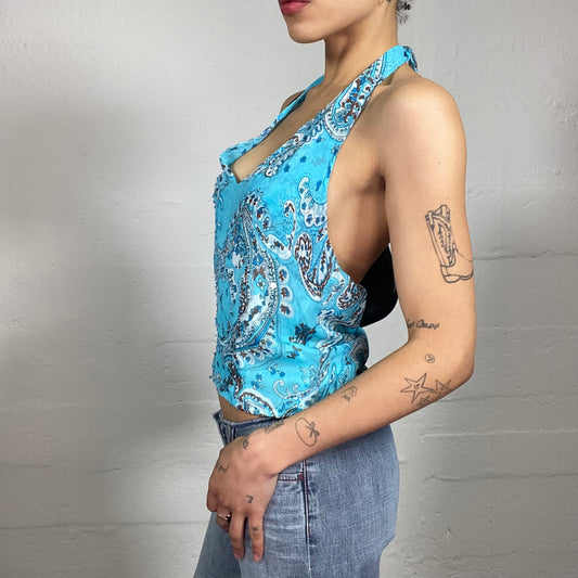 Vintage 2000's Boho Girl Light Summer Aquamarine Blue Neckholder Printed Top (M)