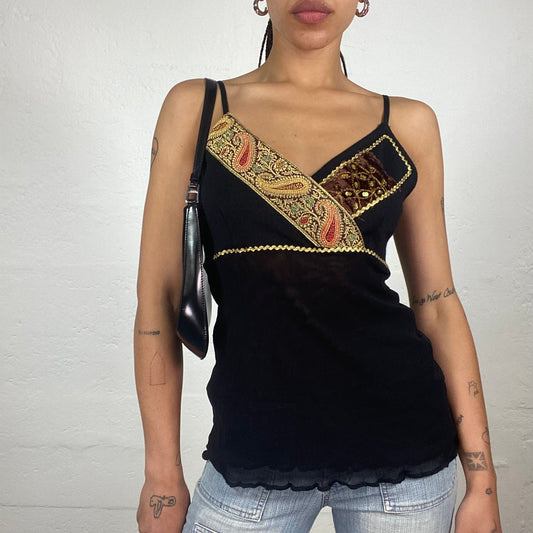 Vintage 2000’s Dark Boho Girl Black Camu Top with Gold and Brown Sequin Decorated Bra (L)
