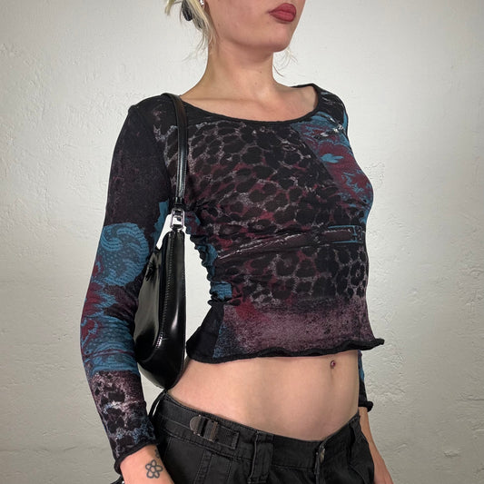 Vintage 2000's Punky Black Blue and Pink Leo and Lace Print Longsleeve Top (S)