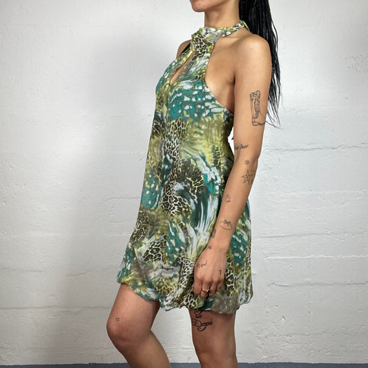 Vintage 2000's Fairy Girl Green Abstract Leo Print Mini Chiffon Neckholder Dress (S)