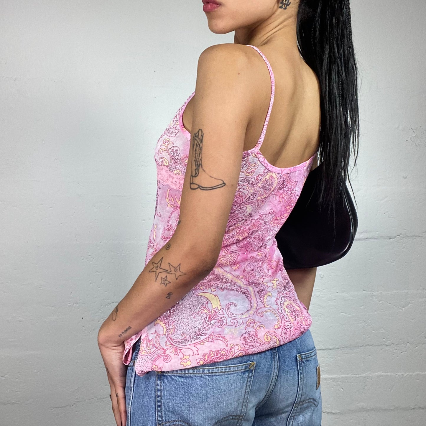 Vintage 2000's Soft Girl Pink Boho Print Cami Top with Lace Trim (L)