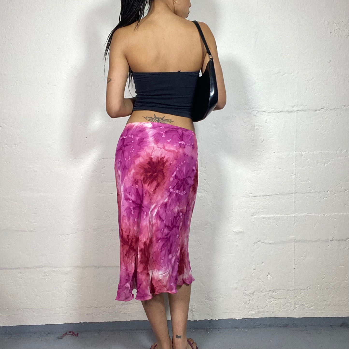 Vintage 2000's Romantic Summer Pink and Red Tie Dye Midi Skirt (S)