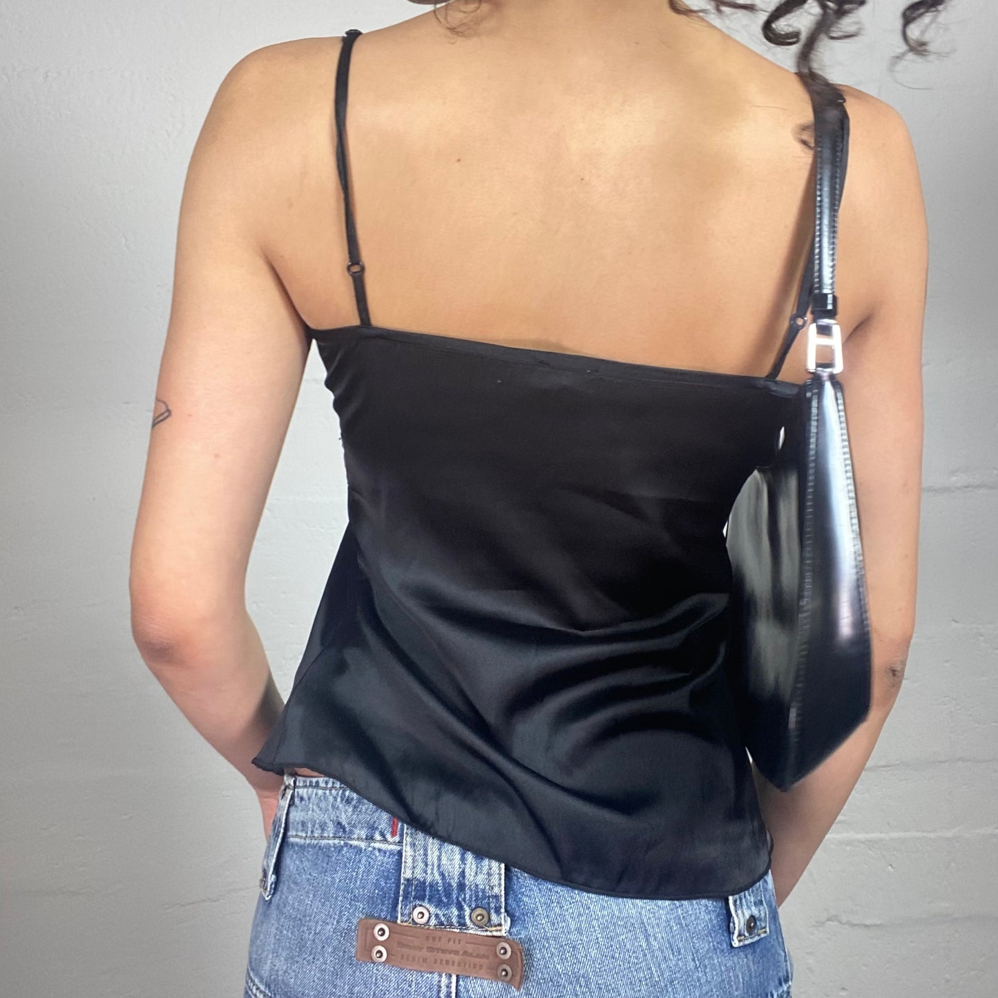 Vintage 2000's Romantic Satin Black Cami Top with Floral Embroidery Decorated Bra (S)