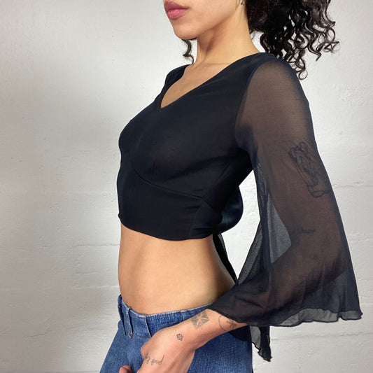 Vintage 2000's Black Cropped Chiffon V-Chest Cut Top with 2/4 Flared Sleeves and Back Ribbon Detail (S)