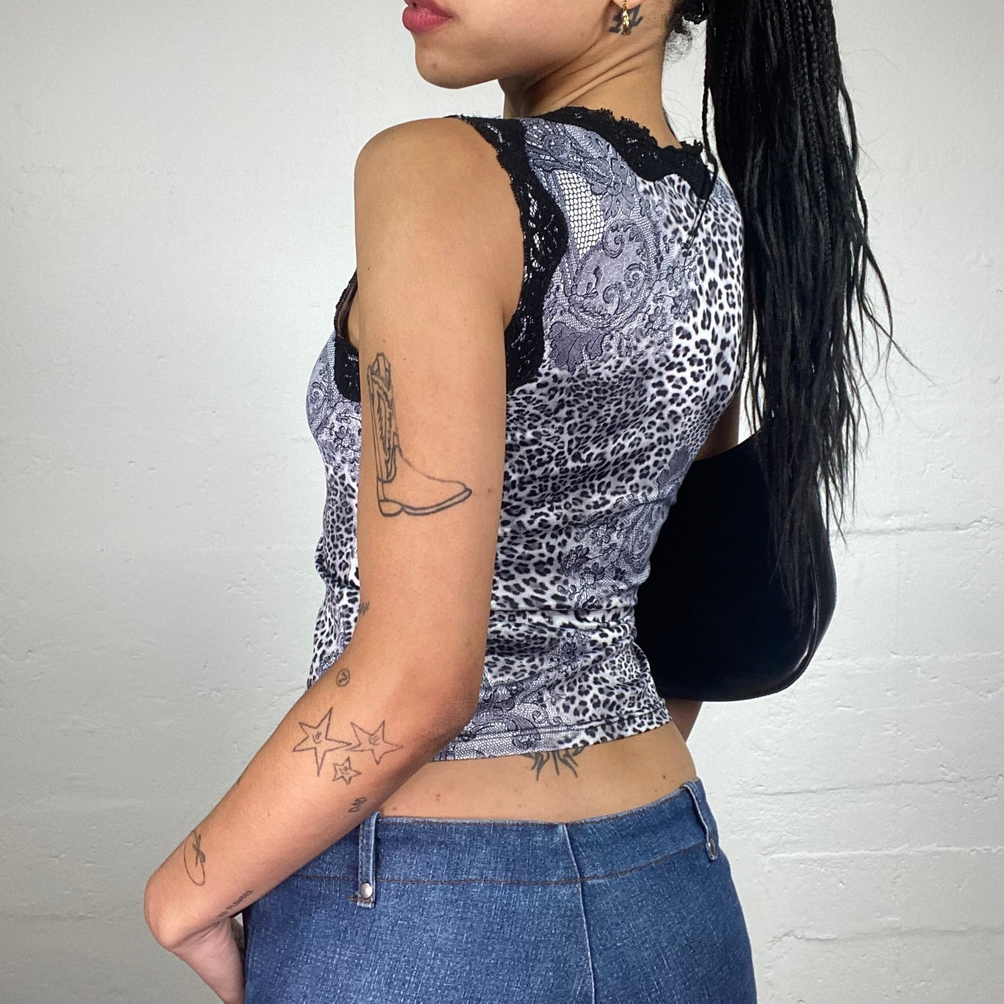 Vintage 2000's Cheetah Girl Blue Animal Print Tank Top with Black Lace Trim (S)