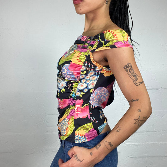 Vintage 2000's Fun Summer Off Shoulder Boho Style Colourful Flowers Print Top (S)