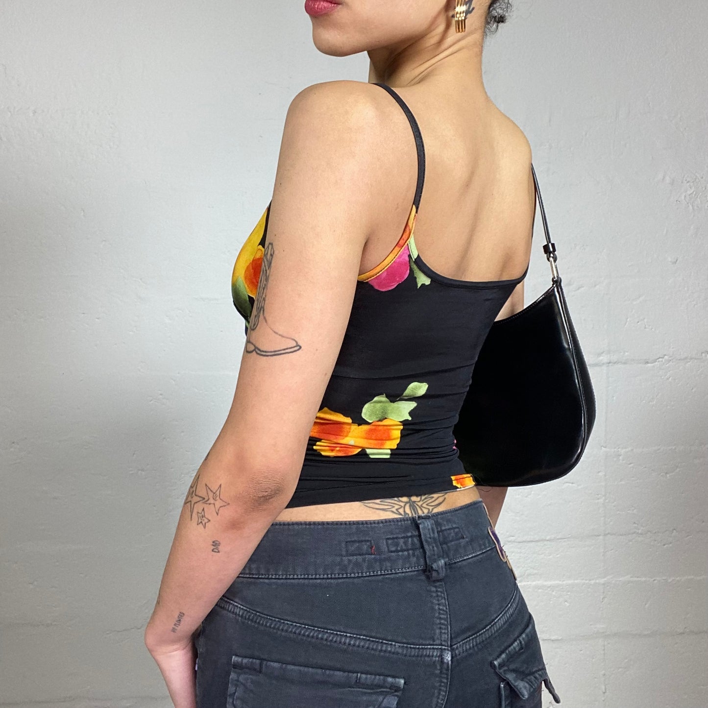 Vintage 2000's Summer Black Cami Top with Pink and Orange Flowers Print (S)