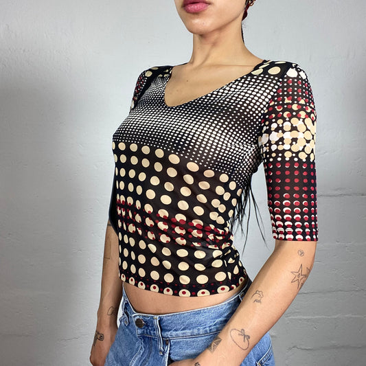 Vintage 2000's Pop Brown and Beige Toned Polka Dot Print Top with Red Accent (S)