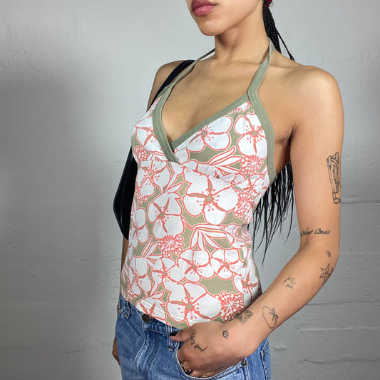 Vintage 2000's Beachwear Khaki Green and Coral Pink Neckholder Top with Floral Print (S)