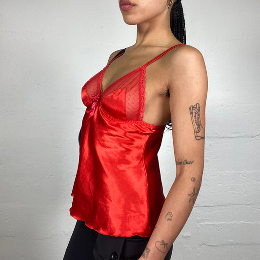 Vintage 2000's Romantic Red Satin Lingerie Style Cami Top with Mesh Bea Details (S)