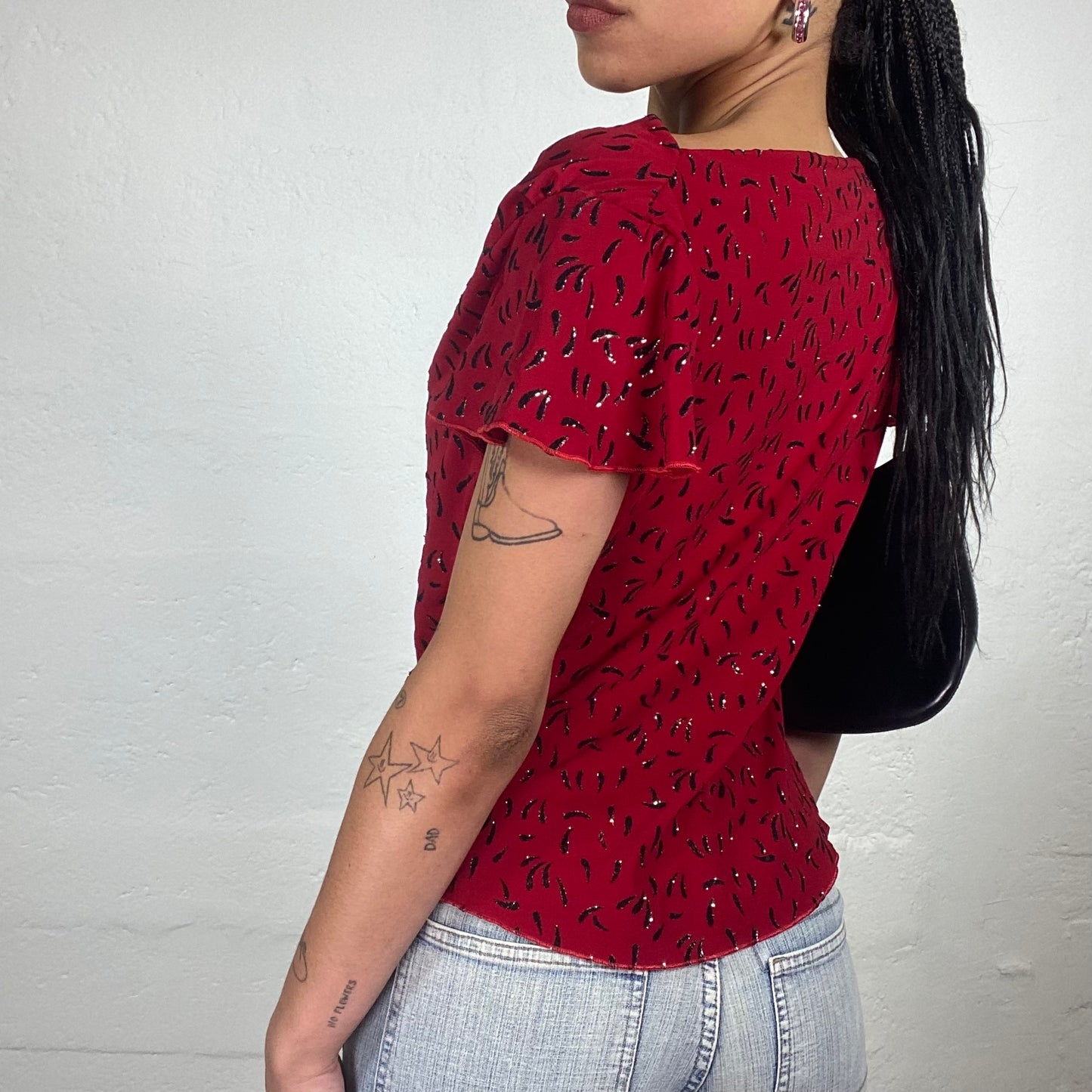 Vintage 2000’s Romantic Red Draped Short-Sleeved Top with Black Drops Print and Shiny Silver Details (M)