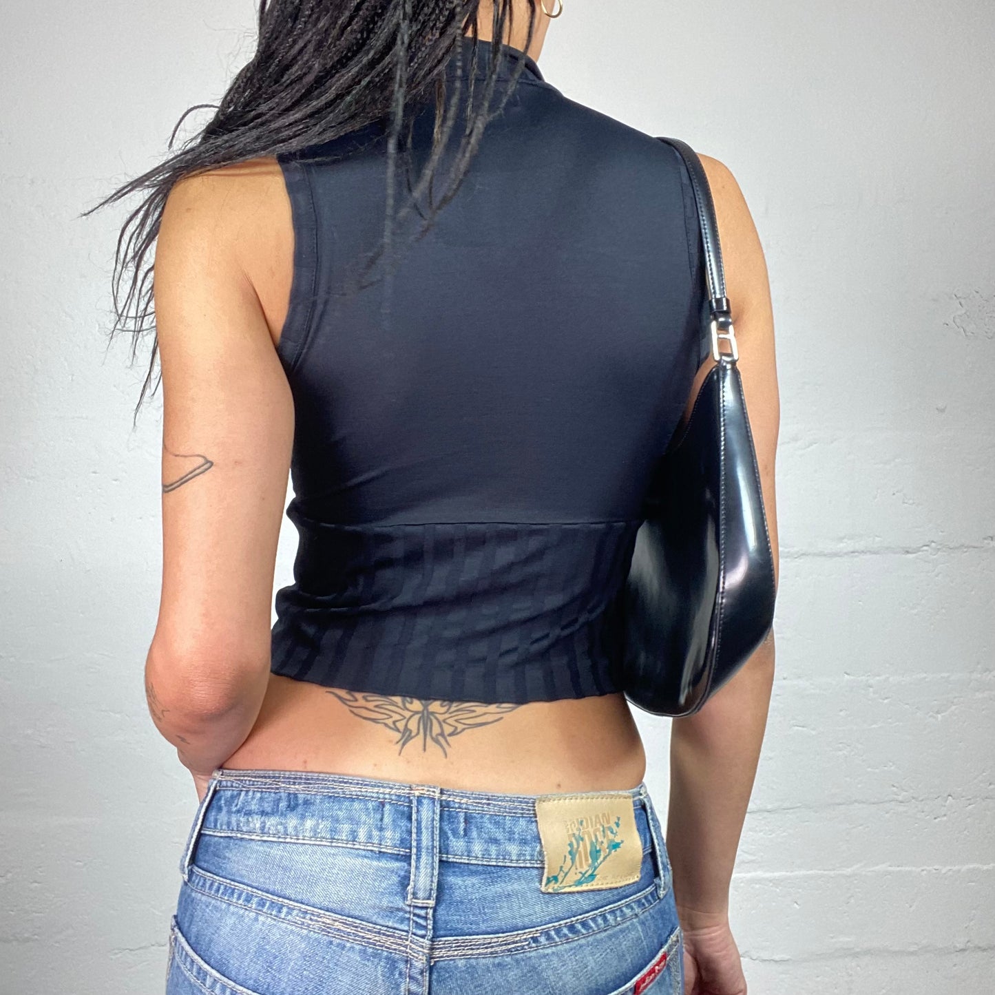 Vintage 2000's Morgan Downtown Girl Black Jersey Turtleneck Striped Texture Tank Top (S)