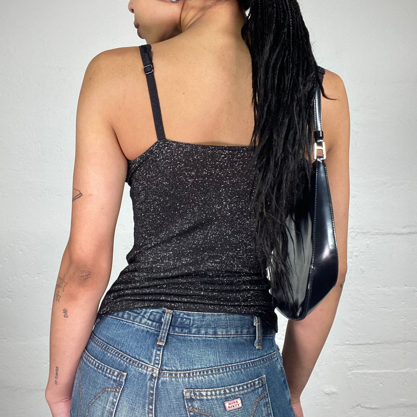 Vintage 2000's Night Out Black Shiny Glitter Jersey Cami Top with Lace Decorations (S)