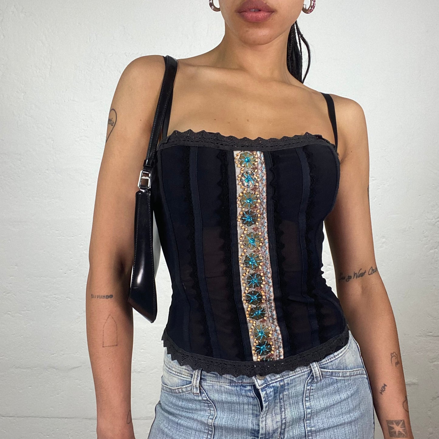 Vintage 2000’s Night Out Black Corset Top with Rhinestone Embroidered Stripe Detail (S)