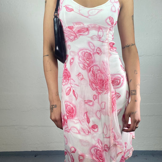 Vintage 2000's Romantic White Flowy Chiffon Asymmetric Cami Dress with Pink Roses Print (S)