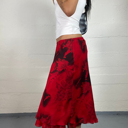 Vintage 2000's Vamp Girl Dance Chiffon Blood Red and Black Fade Midi Skirt (L)