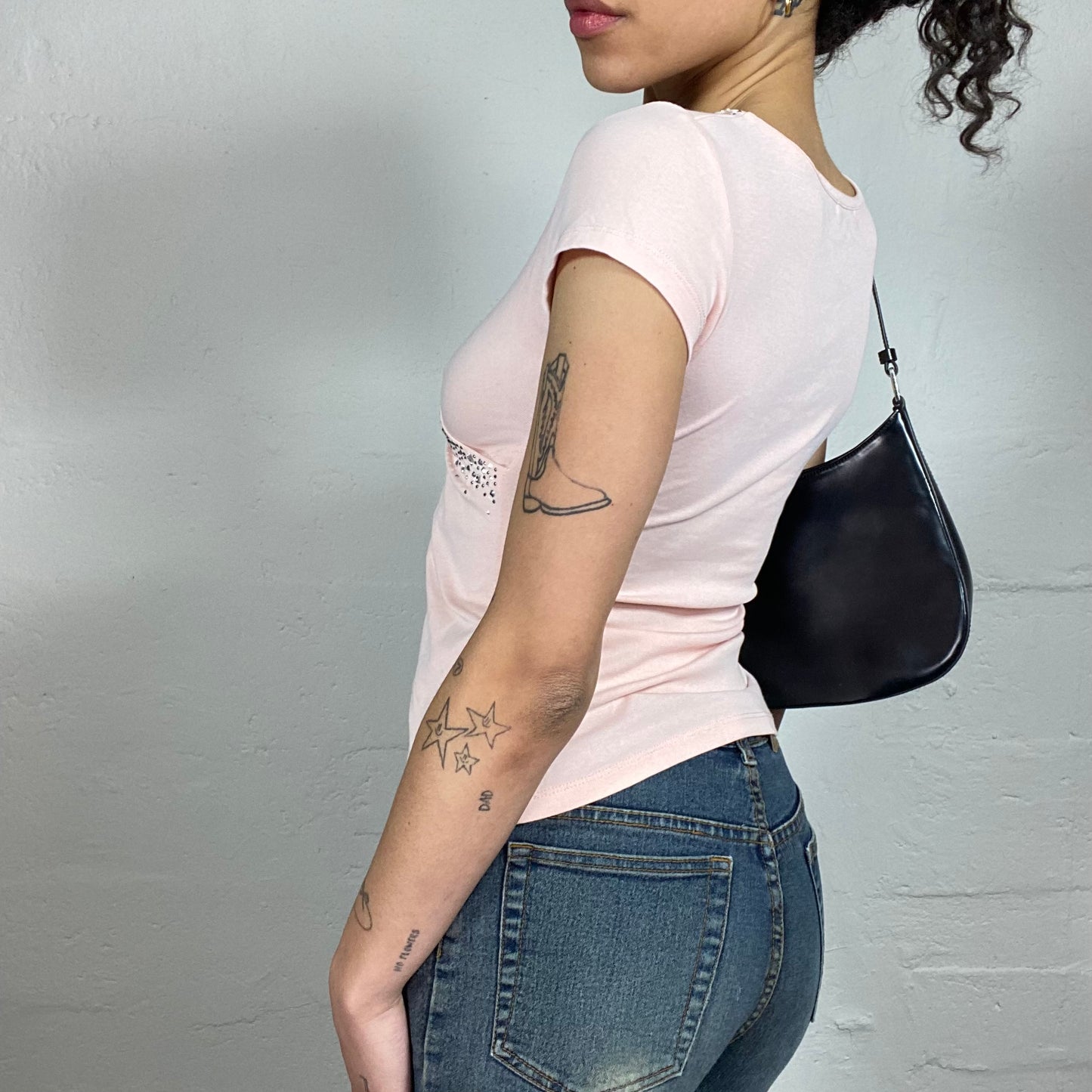 Vintage 2000's Soft Girl Wrapped Baby Pink Shortsleeved Top with Rhinestones (S/M)