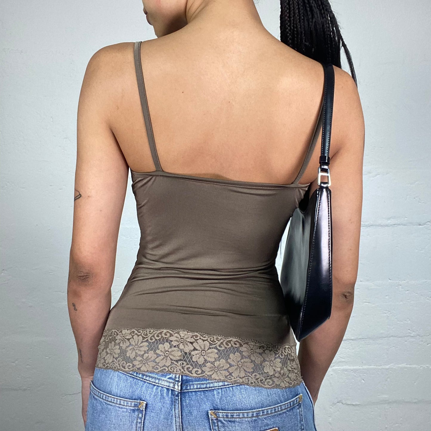 Vintage 2000's Casual Dark Beige Cami Top with Lace Details and Rhinestones (S)